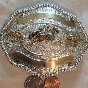 Vintage Metal Belt Buckle, Brass and Silver, Wrangler, Bronco Busting, Nice West
